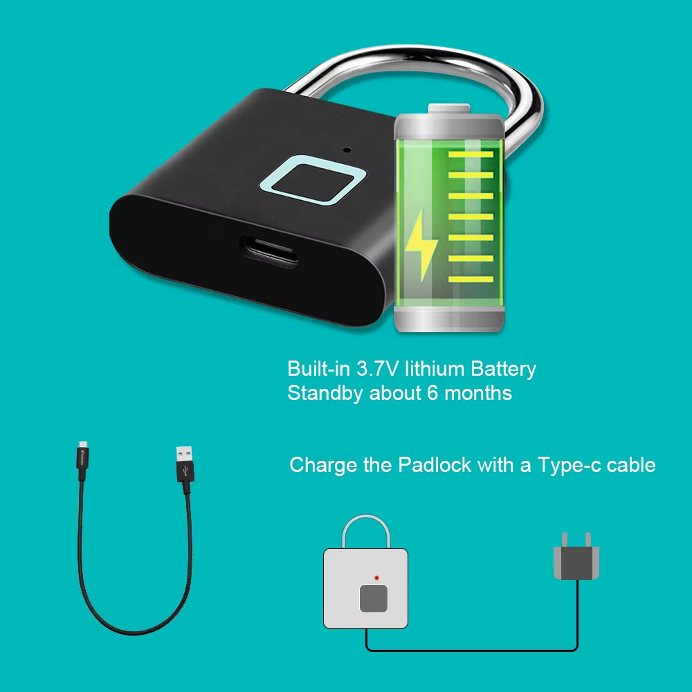 Smart Fingerprint Padlock Waterproof Fingerprint Keyless Door Lock Type C Rechargeable Security Padlock for House